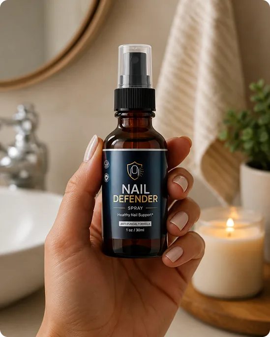 A hand holding a Nail Defender Spray bottle in a bright bathroom