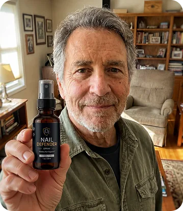 A smiling adult holding a Nail Defender Spray bottle at home